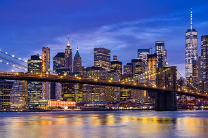 Brooklyn bridge with Lower Manhattan skyscrapers bulding for New York City in New York State NY , USA