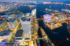 aerial view of panoramic modern city in yokohama city japan with blue hour after  in th evening. yokohama is the second largest city in japan by population.