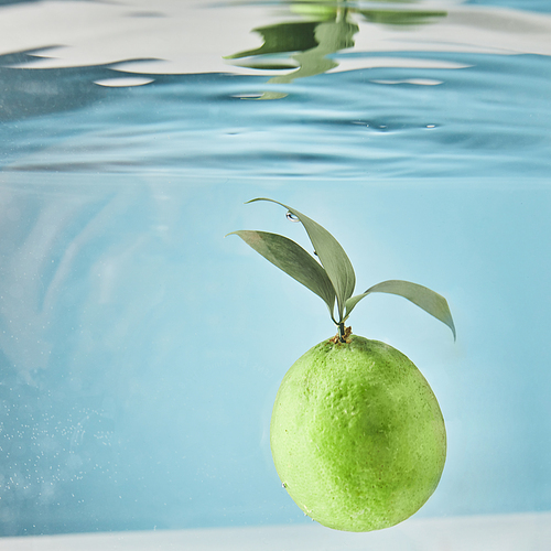 green lime with leaves and droplets of air in water with reflection on the surface, copy space