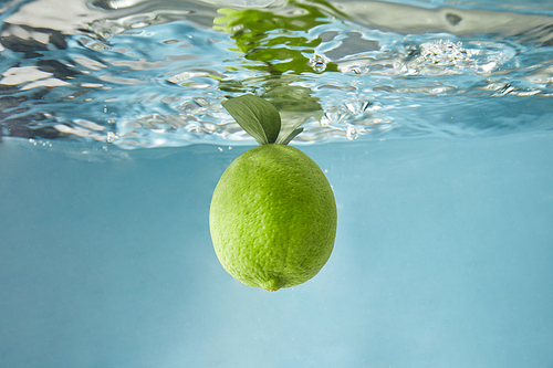 Waves on the water surface from a falling green lime with leaves on a blue background. Concept of a cold summer drink