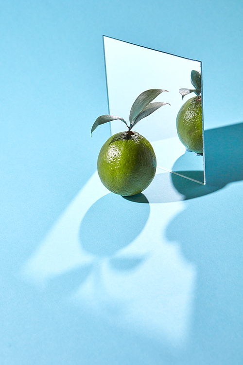 Composition from a mirror, and lime with leaves on a blue background with reflection of shadows and copy space. Organic fruit