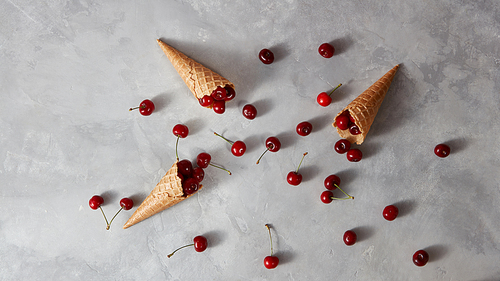 Natural freshly picked fruits cherries for homemade cookies, cakes and waffle cones on a gray background with place for text. Organic vegetarian raw eating.