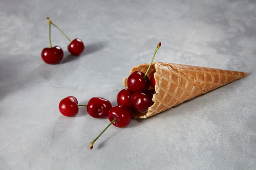 Freshly picked natural fruits cherries in a waffle cones for homemade cakes on a gray background with place for text. Organic vegetarian raw eating.