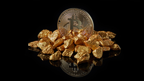 Golden bitcoin in gold lumps representing world trends both isolated on black reflective surface background. Digital gold concept or Concept of financing Bitcoin cryptocurrency in Noble metal