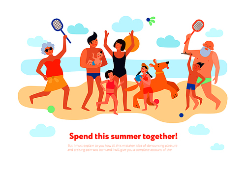 Family summer vacation flat composition with happy kids parents and grandparents playing together on beach vector illustration