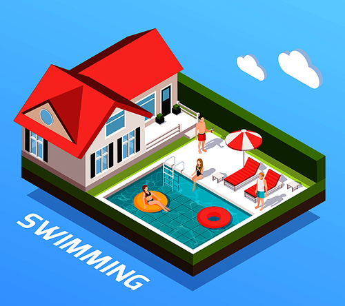 Swimming pool isometric concept with people resting by the pool vector illustration