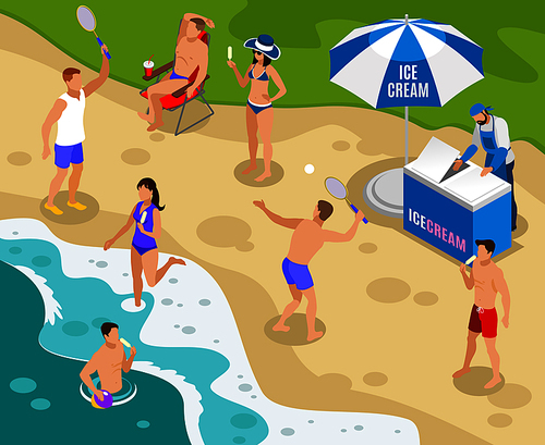 Street food isometric composition with trade of ice cream on beach vector illustration