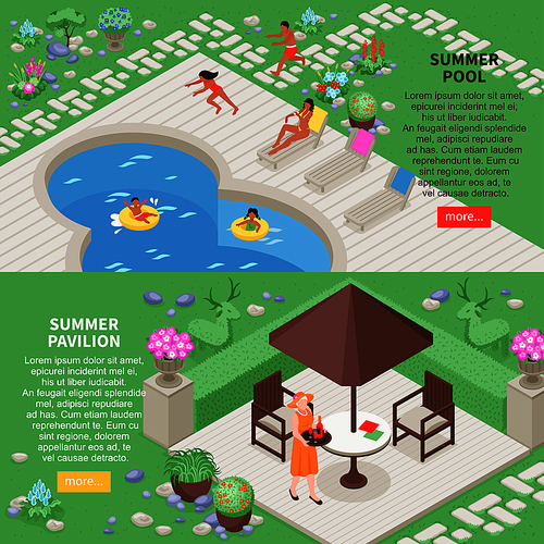 Landscape design horizontal banners set with summer pool symbols isometric isolated vector illustration