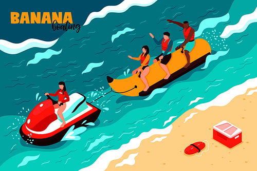 Summer water sport isometric vector illustration with group of people on vacation riding banana boating