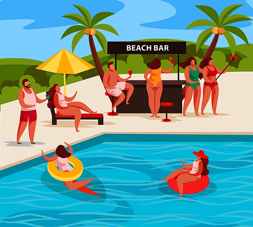 Summer party concept composition with outdoor landscape human characters of relaxing people beach bar and pool vector illustration