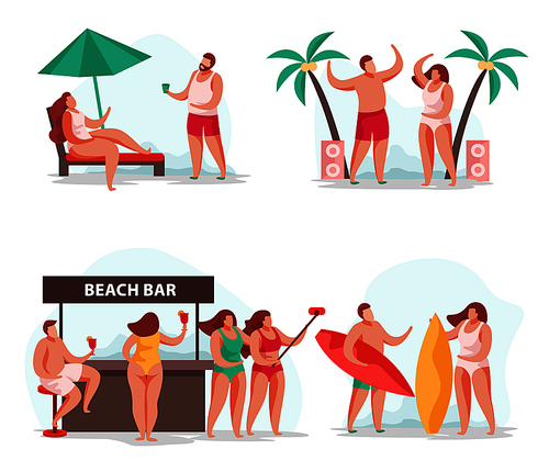 Summer party flat 4x1 set of isolated compositions with human characters of resting people leisure activities vector illustration