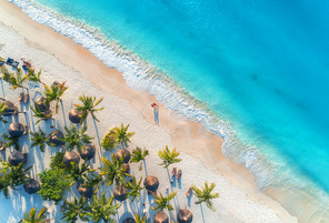 aerial view of umbrellas, palms on the sandy beach, people, blue sea with waves at . summer holiday in zanzibar, africa. tropical landscape with palm trees, parasols, white sand, ocean. top view