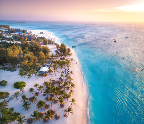 Aerial view of umbrellas, palms on the sandy beach of the sea at sunset. Summer travel in Zanzibar, Africa. Tropical landscape with palm trees, boats, yachts, blue water, orange sky. Top view from air