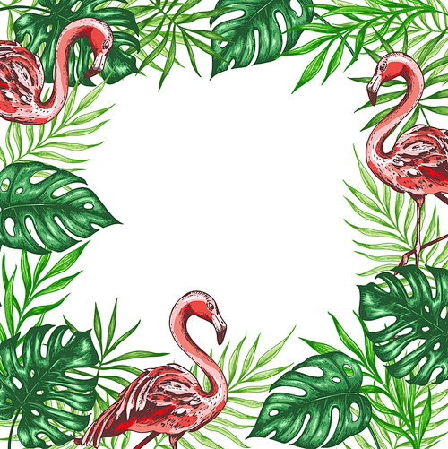 Tropical floral background with pink flamingo and green palm leaves. Vector illustration