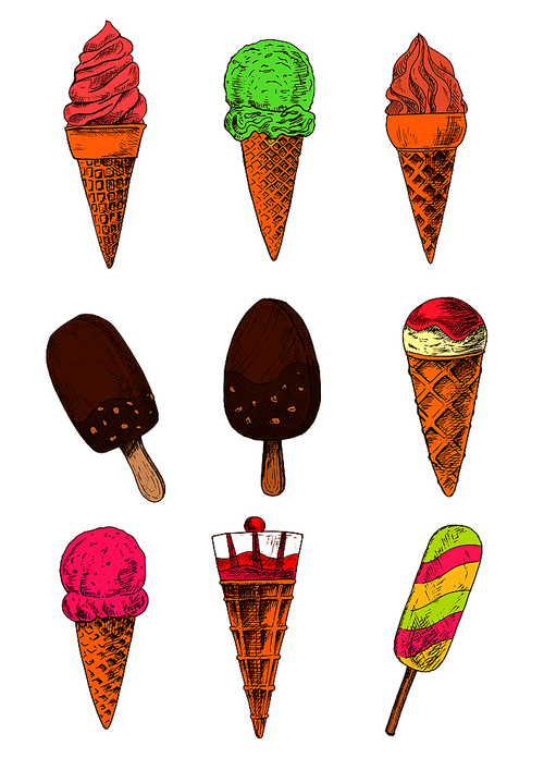 chocolate covered ice cream on sticks,  popsicle, soft serve and scoops of strawberry and vanilla, chocolate and pistachio ice cream cones topped with jam and fruits. colored sketches for delicious summer desserts design