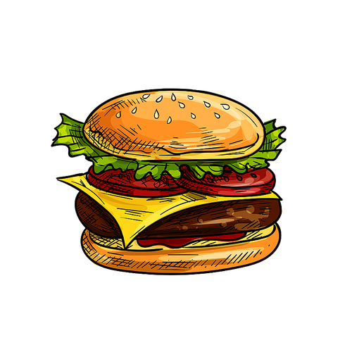 Cheeseburger fast food sketch icon. Vector hamburger with sesame bun, fresh lettuce, tomatoes slices, meat cutlet, cheese. Burger lement for restaurant signboard, eatery menu, cafe label