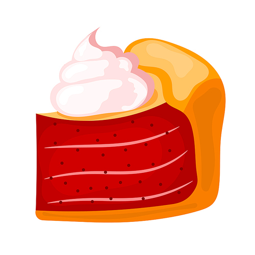 Vector illustration of a piece of cake with cream on a white background. Cartoon cake with pink cream and sweet red berry filling. Food for the holidays, festive dessert