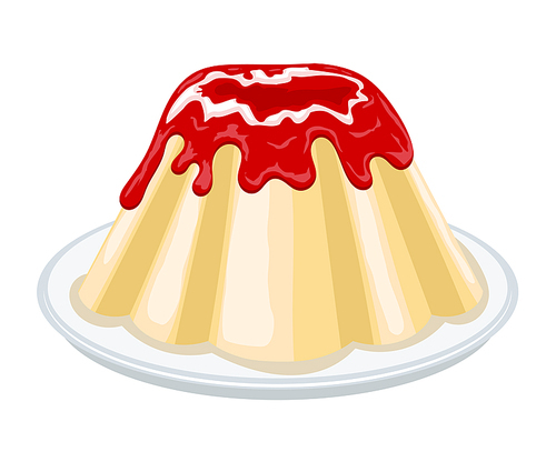 Vector colored illustration round sweet cheesecake on a plate. Cartoon Cheesecake with red jam. Stock vector illustration