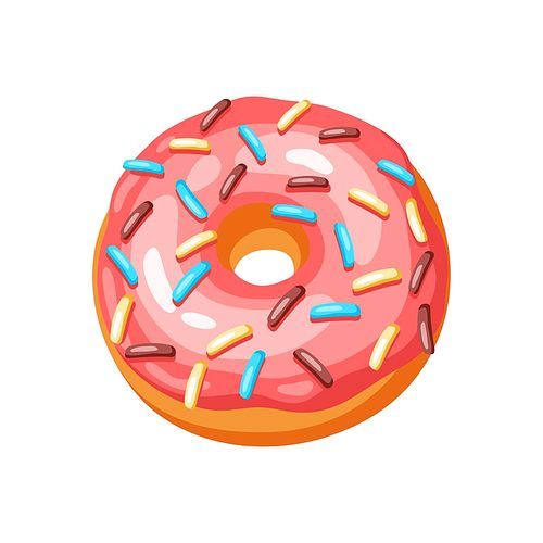Illustration of glaze donut with sprinkles. Colored sweet pastry.