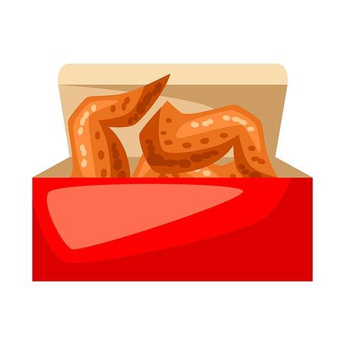 Fried chicken in red box. Fast food snack. Icon or illustration of roast wings.