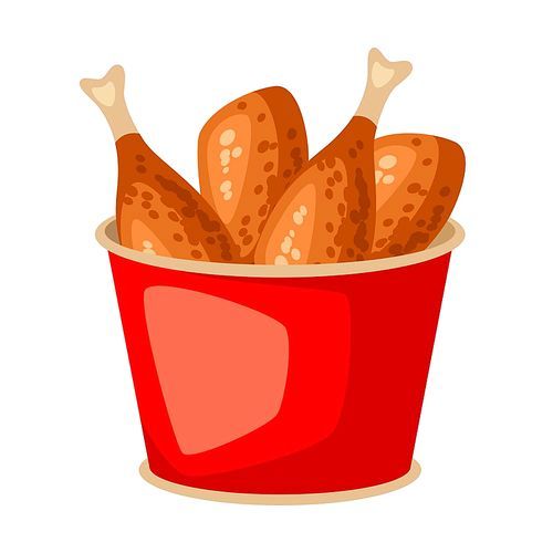 Fried chicken in red bucket. Fast food snack. Icon or illustration of roast legs.