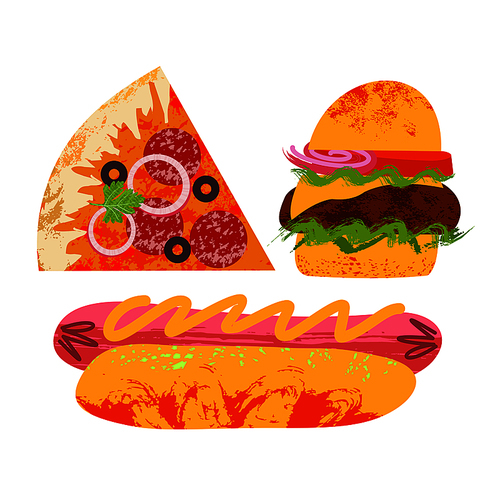 Collection of fast food. Vector illustration on white background. Pizza, hamburger and hot dog. With unique hand drawn vector textures.