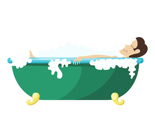 Vector Cartoon illustration of a man lying in the bath. Young man relaxes in the bath. Man, foam, bath