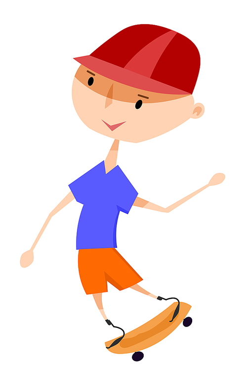 Vector illustration of invalid boy on the prosthesison a skateboard. Happy and cheerful boy a disabled person riding a skateboard on a white background. Rehabilitation of children with disabilities