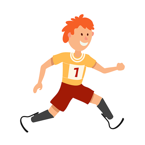 Little boy on prostheses. Young runner disabled athlete on a white background. Cartoon style athlete on prostheses, Paralympic