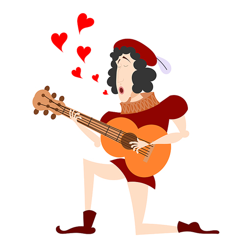 Color image of a medieval guitar on one knee. The singer with a guitar serenade. Symbol of love, Valentine's Day. Stock vector illustration