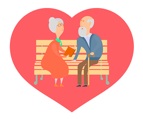 Cute old man and an old woman on a park bench reading a book on a background of red hearts. The concept of a long and faithful love and fidelity. Stock vector illustration