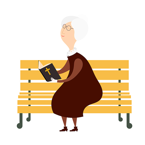 Venerable old woman on a park bench reading a bible. The symbol of old age and 
religiosity. Stock vector illustration