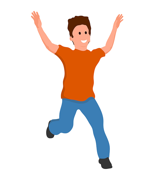 Merry laughing jumping young guy. Flat style joyful boy on a white background. Vector 
illustration