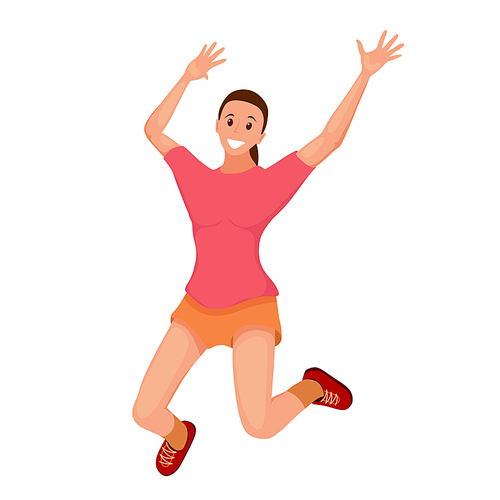 Merry laughing jumping young girl. Flat style joyful girl on a white background. Vector 
illustration