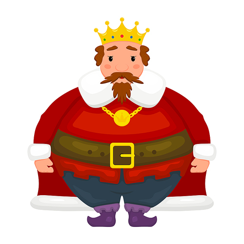 Cartoon image of a king on a white background. Cheerful kind king in a red robe, golden crown and with a gold medallion. Abstract vector illustration