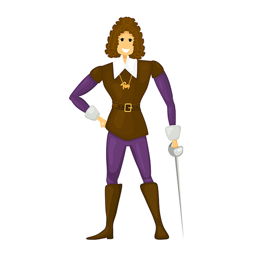 Young cheerful cardboard prince on a white background. Young prince with a sword in 
boots. Abstract vector illustration