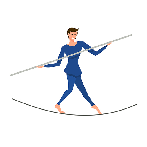 Circus artist on a tightly stretched rope with a pole in his hands. Boy is a balancer under the circus dome. Vector illustration