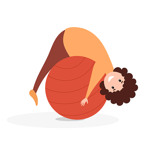 Flat style girl athlete with fitness ball. Color image of training young girl with fitball on white background. Vector illustration