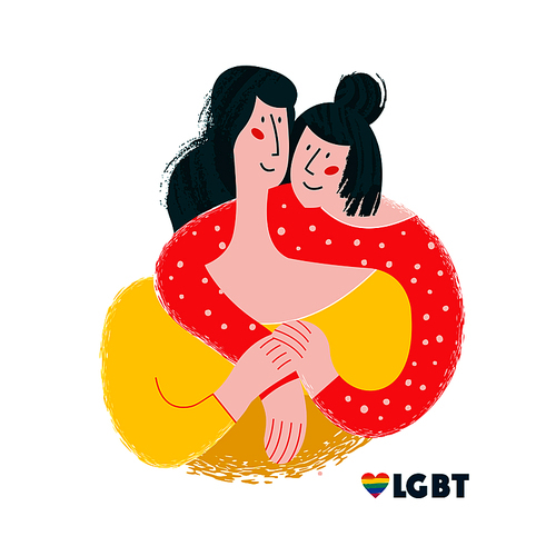 happy lesbian couple. vector illustration on white background. lgbt symbol is the  heart.