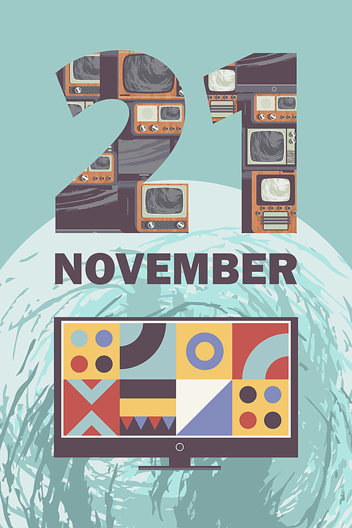 World television day. November 21. Vector illustration, poster, greeting card, banner in retro style. Modern TV on a background of the Earth