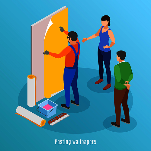 Home repair isometric background with worker pasting wallpaper and family couple supervising repair work vector illustration