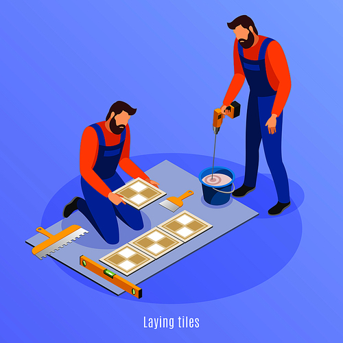 Home repair isometric background with two men in uniform preparing for laying tiles vector illustration