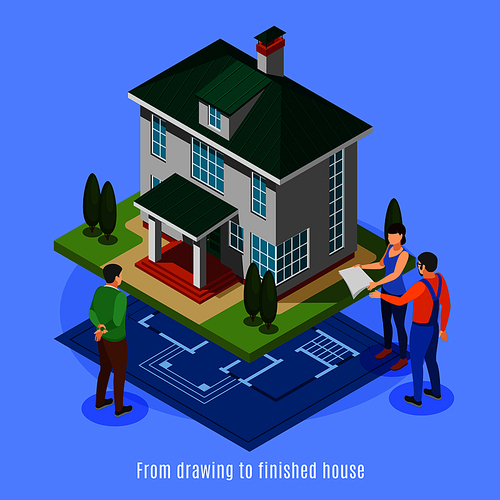 House construction phases background from drawing to finished house isometric vector illustration