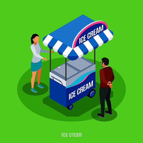 Ice cream isometric background with seller and buyer standing near street cart with sweet frozen food vector illustration
