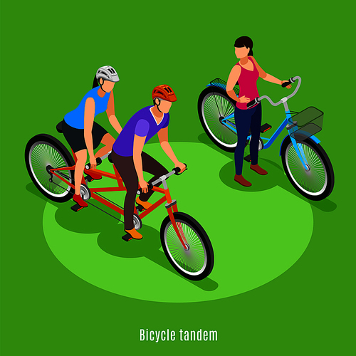 Summer family vacation isometric background with father and daughter riding on tandem bicycle vector illustration