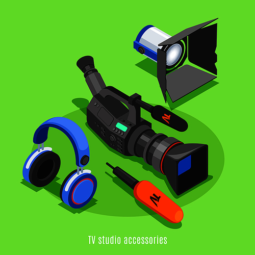 TV studio accessories isometric background with professional camera headphones microphone lighting device icons vector illustration