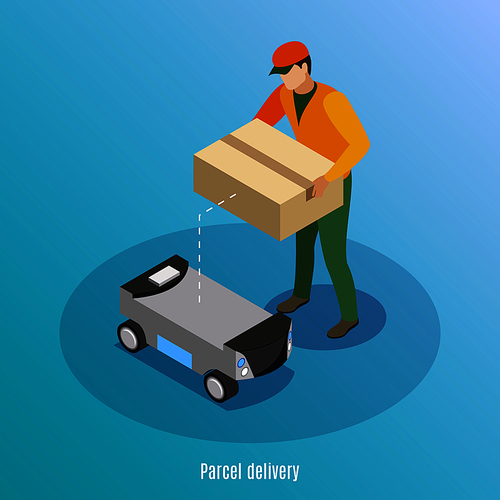 Parcel delivery isometric background with male worker loading box with goods in robotic self drive car vector illustration