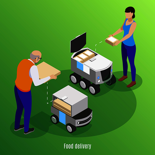 Food delivery isometric background with people loading boxes with pizza and sushi into self drive robotic cars  vector illustration