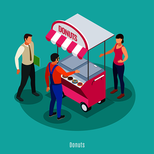 Street trading isometric background with female seller near food cart and two male persons buying donuts vector illustration