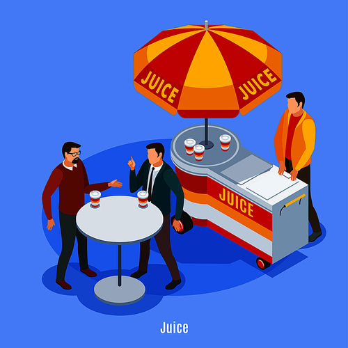 Street vending isometric background with stall under umbrella and two talking people drinking juice outdoors vector illustration